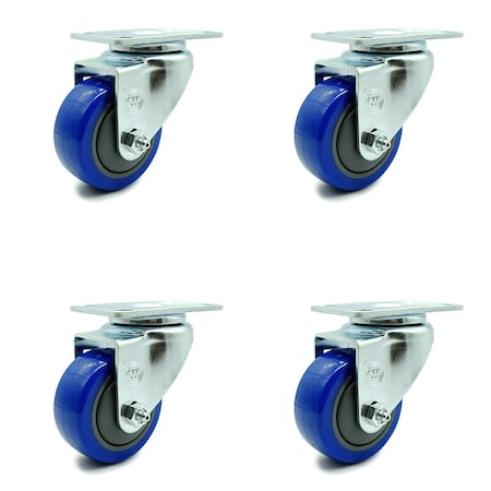 Service Caster 3 Inch Blue Polyurethane Wheel Swivel Top Plate Caster Set SCC-20S314-PPUB-BLUE-TP3-4